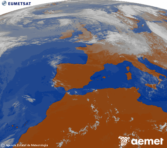 Imagen de la zona de Europa y Norte de �frica del canal infrarrojo del sat�lite Meteosat operacional en 0�N 0�W, procesada para darle color.&nbsp;viernes, 12 junio 2026 a las 13:00