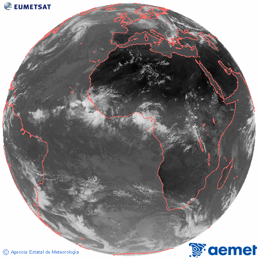 Imagen global del canal infrarrojo (10.8 &mu;m) del sat�lite Meteosat, perteneciente a la serie MSG (Meteosat Segunda Generaci�n) y situado en 0�N 0�E.&nbsp;vendredi, 12 juin  2026 14:00
