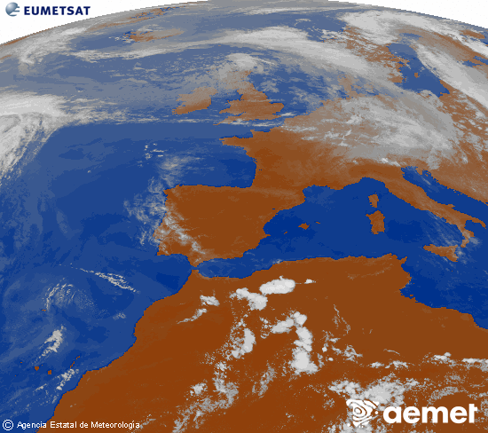 Imagen de la zona de Europa y Norte de �frica del canal infrarrojo del sat�lite Meteosat operacional en 0�N 0�W, procesada para darle color.&nbsp;viernes, 12 junio 2026 a las 18:00
