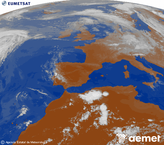 Imagen de la zona de Europa y Norte de �frica del canal infrarrojo del sat�lite Meteosat operacional en 0�N 0�W, procesada para darle color.&nbsp;viernes, 12 junio 2026 a las 20:00