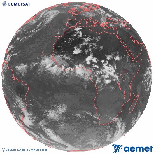 Imagen global del canal infrarrojo (10.8 &mu;m) del sat�lite Meteosat, perteneciente a la serie MSG (Meteosat Segunda Generaci�n) y situado en 0�N 0�E.&nbsp;vendredi, 12 juin  2026 20:00
