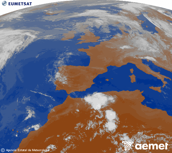 Imagen de la zona de Europa y Norte de �frica del canal infrarrojo del sat�lite Meteosat operacional en 0�N 0�W, procesada para darle color.&nbsp;viernes, 12 junio 2026 a las 22:00