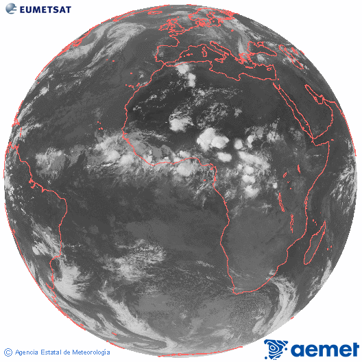 Imagen global del canal infrarrojo (10.8 &mu;m) del sat�lite Meteosat, perteneciente a la serie MSG (Meteosat Segunda Generaci�n) y situado en 0�N 0�E.&nbsp;divendres, 12 de juny  2026 23:00