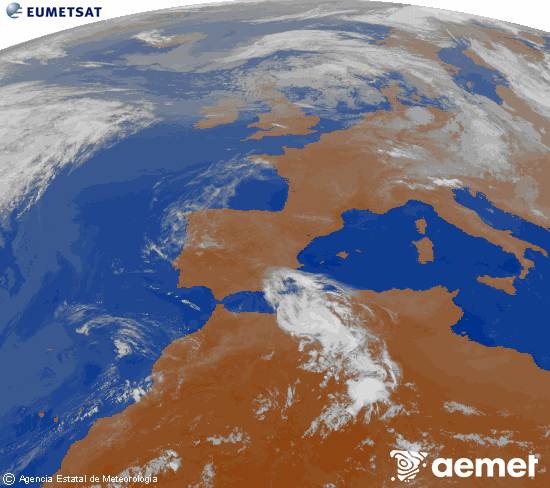 Imagen de la zona de Europa y Norte de �frica del canal infrarrojo del sat�lite Meteosat operacional en 0�N 0�W, procesada para darle color.&nbsp;s�bado, 13 junio 2026 a las 02:00