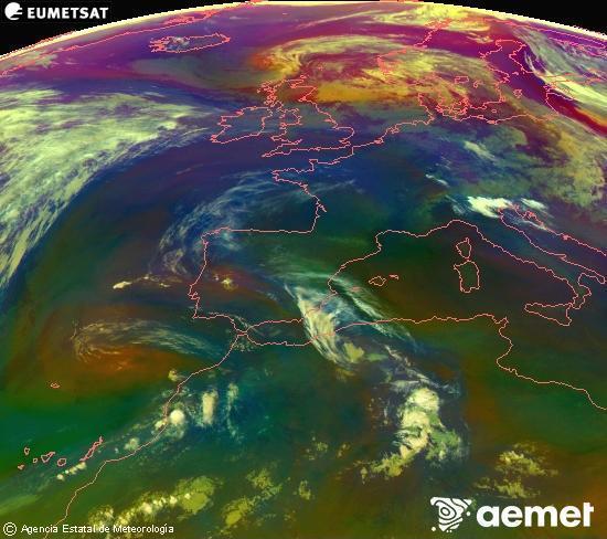 Composici�n RGB en la que se mezclan varios canales del sat�lite Meteosat operacional en 0�N 0�W, que nos da una idea de las caracter�sticas de las masas de aire y de la nubosidad.&nbsp;s�bado, 13 junio 2026 a las 07:00