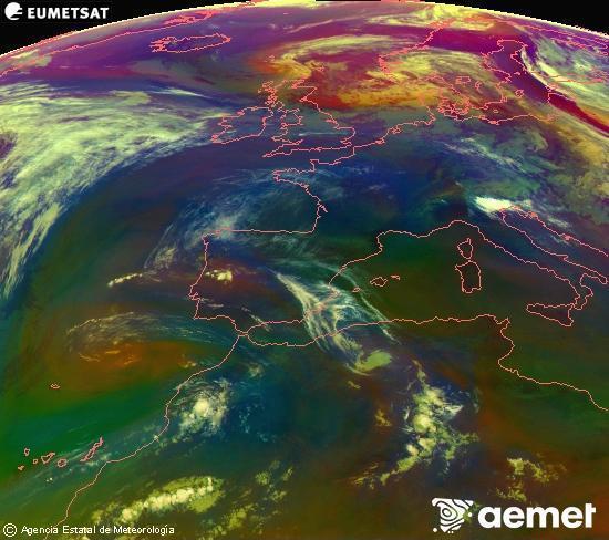 Composici�n RGB en la que se mezclan varios canales del sat�lite Meteosat operacional en 0�N 0�W, que nos da una idea de las caracter�sticas de las masas de aire y de la nubosidad.&nbsp;s�bado, 13 junio 2026 a las 09:00