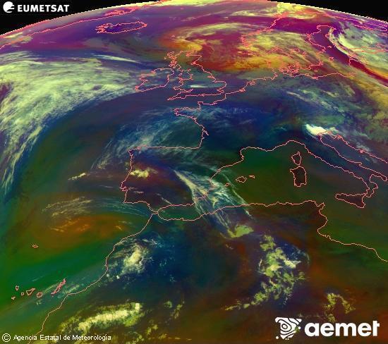Composici�n RGB en la que se mezclan varios canales del sat�lite Meteosat operacional en 0�N 0�W, que nos da una idea de las caracter�sticas de las masas de aire y de la nubosidad.&nbsp;s�bado, 13 junio 2026 a las 10:00
