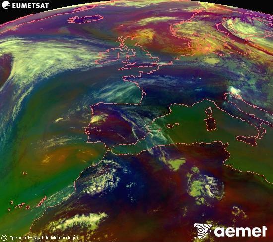 Composici�n RGB en la que se mezclan varios canales del sat�lite Meteosat operacional en 0�N 0�W, que nos da una idea de las caracter�sticas de las masas de aire y de la nubosidad.&nbsp;s�bado, 13 junio 2026 a las 13:00