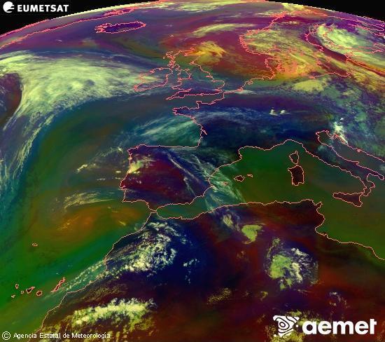 Composici�n RGB en la que se mezclan varios canales del sat�lite Meteosat operacional en 0�N 0�W, que nos da una idea de las caracter�sticas de las masas de aire y de la nubosidad.&nbsp;s�bado, 13 junio 2026 a las 14:00