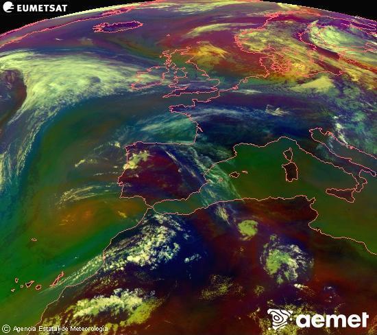 Composici�n RGB en la que se mezclan varios canales del sat�lite Meteosat operacional en 0�N 0�W, que nos da una idea de las caracter�sticas de las masas de aire y de la nubosidad.&nbsp;s�bado, 13 junio 2026 a las 15:00