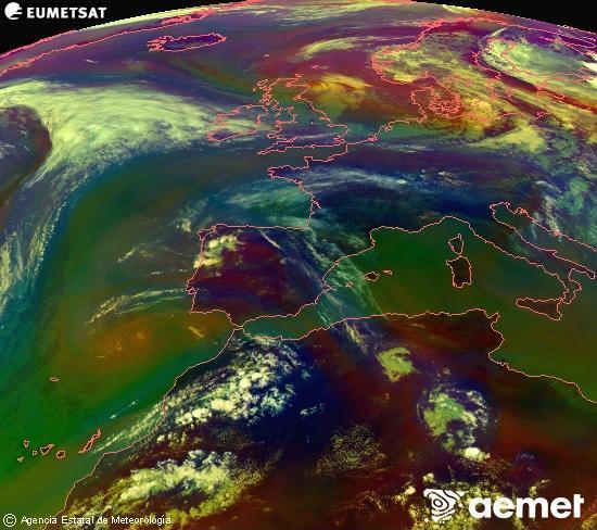 Composici�n RGB en la que se mezclan varios canales del sat�lite Meteosat operacional en 0�N 0�W, que nos da una idea de las caracter�sticas de las masas de aire y de la nubosidad.&nbsp;s�bado, 13 junio 2026 a las 16:00