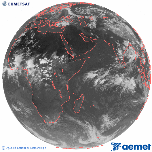 Oc�ano �ndico. Imagen global del canal infrarrojo (10.8&mu;m) de Meteosat, perteneciente a la serie MSG (Meteosat Segunda Generaci�n) y situado en 41.5° E.&nbsp;dissabte, 13 de juny  2026 17:00