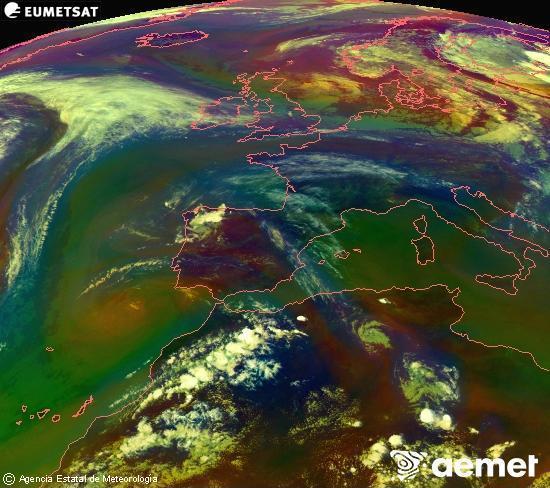 Composici�n RGB en la que se mezclan varios canales del sat�lite Meteosat operacional en 0�N 0�W, que nos da una idea de las caracter�sticas de las masas de aire y de la nubosidad.&nbsp;s�bado, 13 junio 2026 a las 18:00