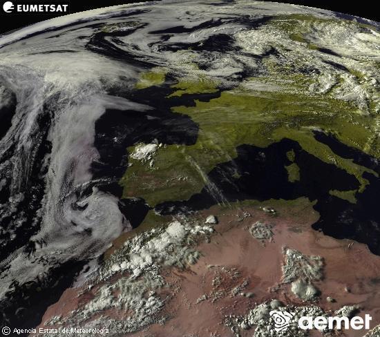 Esta imagen se genera utilizando informaci�n de los canales visibles del sat�lite METEOSAT perteneciente a la segunda generaci�n de sat�lites Meteosat (MSG). Por ese motivo, s�lo hay informaci�n en la zona iluminada por el sol. Adem�s, los canales han sido normalizados para que el brillo no dependa de la posici�n del sol.&nbsp;samedi, 13 juin  2026 19:00