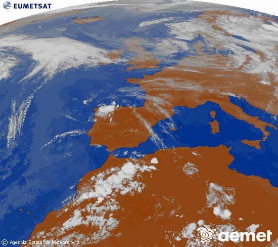 Imatge de la zona d'Europa i Nord d'�frica del canal infraroig del sat�l�lit Meteosat operacional en 0�N 0�W, processada per a donar-li color.&nbsp;dissabte, 13 de juny  2026 19:00