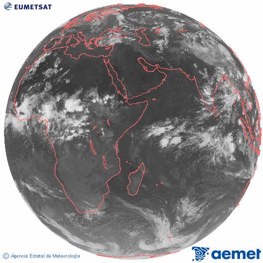 Oc�ano �ndico. Imagen global del canal infrarrojo (10.8&mu;m) de Meteosat, perteneciente a la serie MSG (Meteosat Segunda Generaci�n) y situado en 41.5° E.&nbsp;dissabte, 13 de juny  2026 20:00