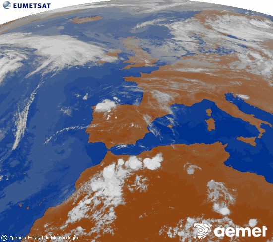 Imatge de la zona d'Europa i Nord d'�frica del canal infraroig del sat�l�lit Meteosat operacional en 0�N 0�W, processada per a donar-li color.&nbsp;dissabte, 13 de juny  2026 21:00
