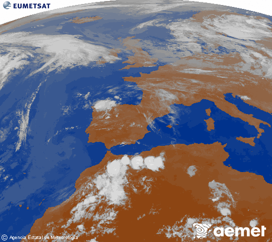 Imatge de la zona d'Europa i Nord d'�frica del canal infraroig del sat�l�lit Meteosat operacional en 0�N 0�W, processada per a donar-li color.&nbsp;dissabte, 13 de juny  2026 22:00