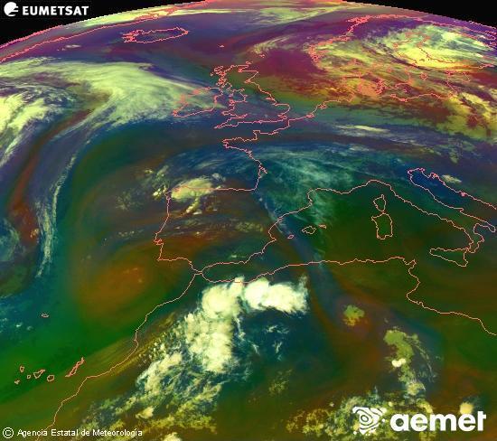 Composici�n RGB en la que se mezclan varios canales del sat�lite Meteosat operacional en 0�N 0�W, que nos da una idea de las caracter�sticas de las masas de aire y de la nubosidad.&nbsp;s�bado, 13 junio 2026 a las 23:00