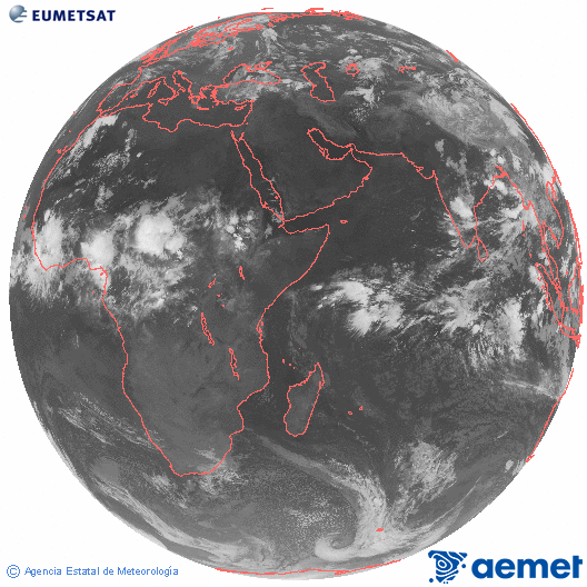 Oc�ano �ndico. Imagen global del canal infrarrojo (10.8&mu;m) de Meteosat, perteneciente a la serie MSG (Meteosat Segunda Generaci�n) y situado en 41.5° E.&nbsp;dissabte, 13 de juny  2026 23:00