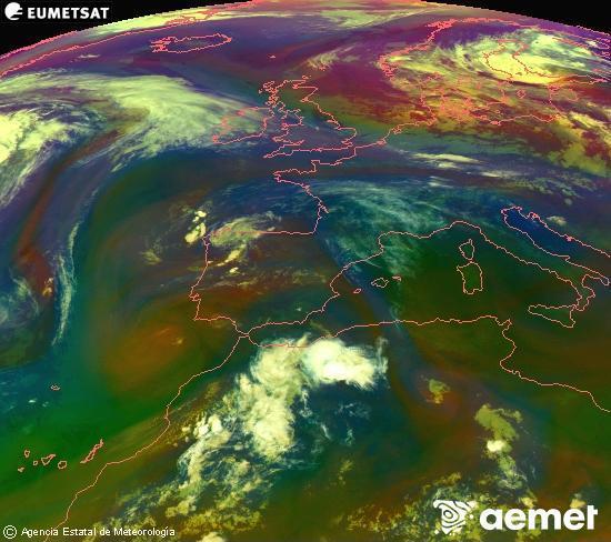 Composici�n RGB en la que se mezclan varios canales del sat�lite Meteosat operacional en 0�N 0�W, que nos da una idea de las caracter�sticas de las masas de aire y de la nubosidad.&nbsp;domingo, 14 junio 2026 a las 00:00