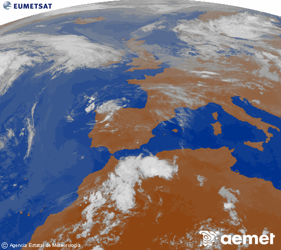 Imatge de la zona d'Europa i Nord d'�frica del canal infraroig del sat�l�lit Meteosat operacional en 0�N 0�W, processada per a donar-li color.&nbsp;diumenge, 14 de juny  2026 00:00