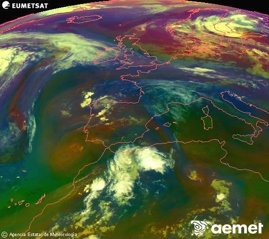 Composici�n RGB en la que se mezclan varios canales del sat�lite Meteosat operacional en 0�N 0�W, que nos da una idea de las caracter�sticas de las masas de aire y de la nubosidad.&nbsp;domingo, 14 junio 2026 a las 01:00
