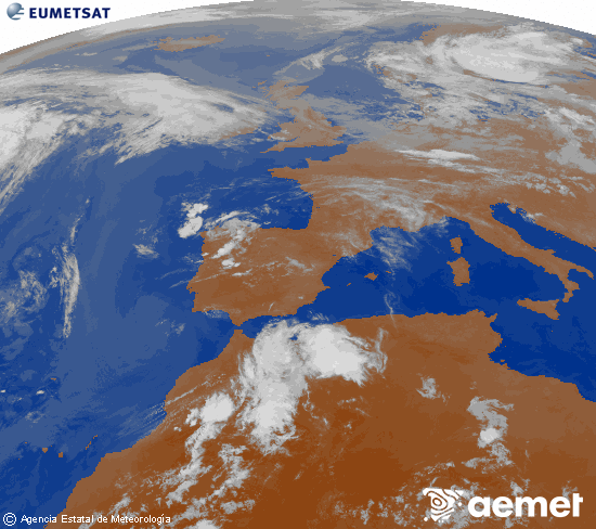 Imatge de la zona d'Europa i Nord d'�frica del canal infraroig del sat�l�lit Meteosat operacional en 0�N 0�W, processada per a donar-li color.&nbsp;diumenge, 14 de juny  2026 01:00