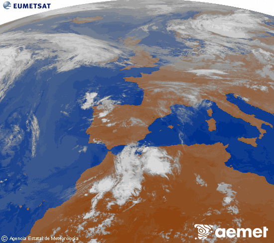 Imatge de la zona d'Europa i Nord d'�frica del canal infraroig del sat�l�lit Meteosat operacional en 0�N 0�W, processada per a donar-li color.&nbsp;diumenge, 14 de juny  2026 02:00