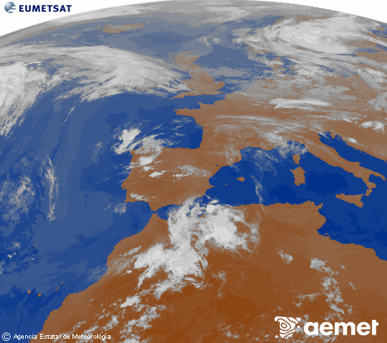 Imatge de la zona d'Europa i Nord d'�frica del canal infraroig del sat�l�lit Meteosat operacional en 0�N 0�W, processada per a donar-li color.&nbsp;diumenge, 14 de juny  2026 03:00