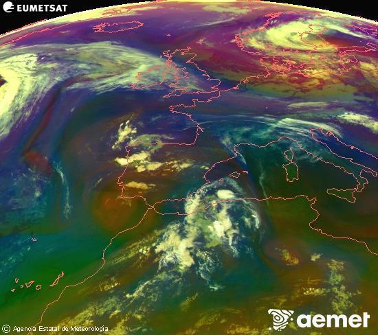 Composici�n RGB en la que se mezclan varios canales del sat�lite Meteosat operacional en 0�N 0�W, que nos da una idea de las caracter�sticas de las masas de aire y de la nubosidad.&nbsp;domingo, 14 junio 2026 a las 06:00