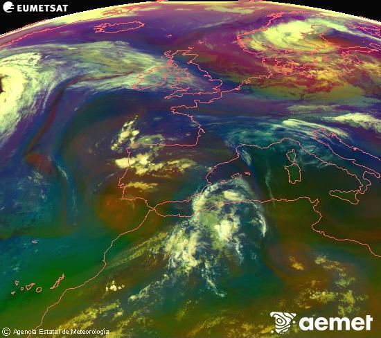 Composici�n RGB en la que se mezclan varios canales del sat�lite Meteosat operacional en 0�N 0�W, que nos da una idea de las caracter�sticas de las masas de aire y de la nubosidad.&nbsp;domingo, 14 junio 2026 a las 07:00