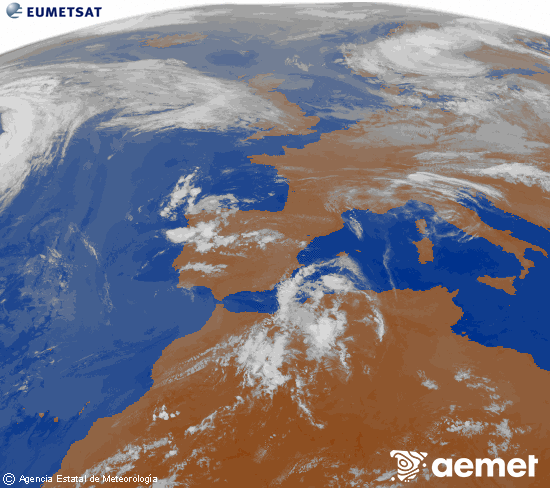 Imagen de la zona de Europa y Norte de �frica del canal infrarrojo del sat�lite Meteosat operacional en 0�N 0�W, procesada para darle color.&nbsp;domingo, 14 junio 2026 a las 07:00