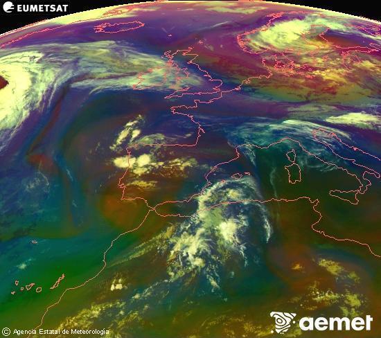 Composici�n RGB en la que se mezclan varios canales del sat�lite Meteosat operacional en 0�N 0�W, que nos da una idea de las caracter�sticas de las masas de aire y de la nubosidad.&nbsp;domingo, 14 junio 2026 a las 08:00