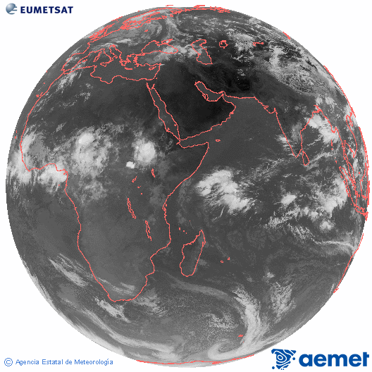Oc�ano �ndico. Imagen global del canal infrarrojo (10.8&mu;m) de Meteosat, perteneciente a la serie MSG (Meteosat Segunda Generaci�n) y situado en 41.5° E.&nbsp;diumenge, 14 de juny  2026 08:00