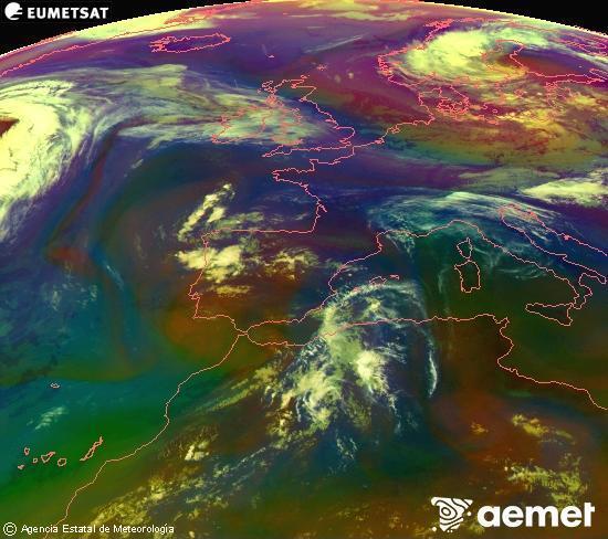 Composici�n RGB en la que se mezclan varios canales del sat�lite Meteosat operacional en 0�N 0�W, que nos da una idea de las caracter�sticas de las masas de aire y de la nubosidad.&nbsp;domingo, 14 junio 2026 a las 09:00
