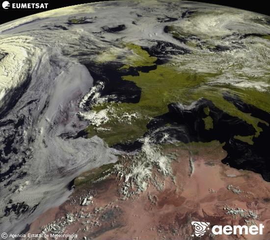 Esta imagen se genera utilizando informaci�n de los canales visibles del sat�lite METEOSAT perteneciente a la segunda generaci�n de sat�lites Meteosat (MSG). Por ese motivo, s�lo hay informaci�n en la zona iluminada por el sol. Adem�s, los canales han sido normalizados para que el brillo no dependa de la posici�n del sol.&nbsp;domingo, 14 junio 2026 a las 09:00