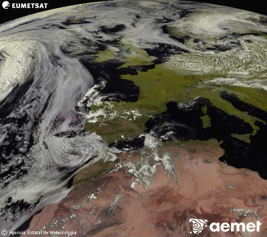 Esta imagen se genera utilizando informaci�n de los canales visibles del sat�lite METEOSAT perteneciente a la segunda generaci�n de sat�lites Meteosat (MSG). Por ese motivo, s�lo hay informaci�n en la zona iluminada por el sol. Adem�s, los canales han sido normalizados para que el brillo no dependa de la posici�n del sol.&nbsp;domingo, 14 junio 2026 a las 11:00