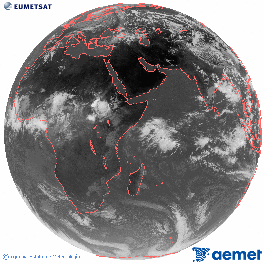 Oc�ano �ndico. Imagen global del canal infrarrojo (10.8&mu;m) de Meteosat, perteneciente a la serie MSG (Meteosat Segunda Generaci�n) y situado en 41.5° E.&nbsp;diumenge, 14 de juny  2026 11:00