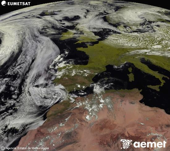 Esta imagen se genera utilizando informaci�n de los canales visibles del sat�lite METEOSAT perteneciente a la segunda generaci�n de sat�lites Meteosat (MSG). Por ese motivo, s�lo hay informaci�n en la zona iluminada por el sol. Adem�s, los canales han sido normalizados para que el brillo no dependa de la posici�n del sol.&nbsp;domingo, 14 junio 2026 a las 12:00