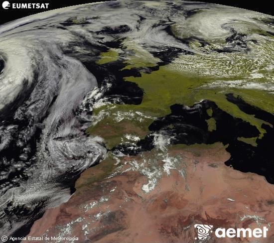 Esta imagen se genera utilizando informaci�n de los canales visibles del sat�lite METEOSAT perteneciente a la segunda generaci�n de sat�lites Meteosat (MSG). Por ese motivo, s�lo hay informaci�n en la zona iluminada por el sol. Adem�s, los canales han sido normalizados para que el brillo no dependa de la posici�n del sol.&nbsp;domingo, 14 junio 2026 a las 13:00