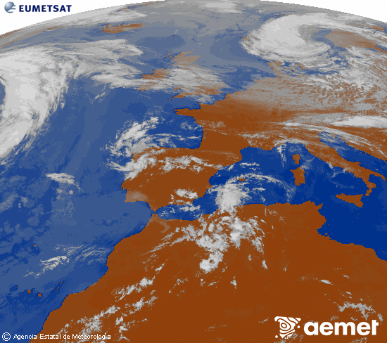 Imatge de la zona d'Europa i Nord d'�frica del canal infraroig del sat�l�lit Meteosat operacional en 0�N 0�W, processada per a donar-li color.&nbsp;diumenge, 14 de juny  2026 13:00
