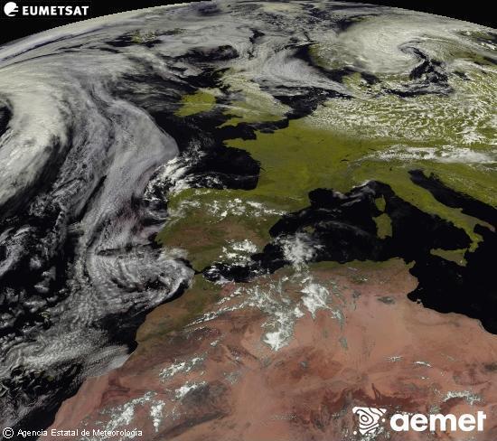 Esta imagen se genera utilizando informaci�n de los canales visibles del sat�lite METEOSAT perteneciente a la segunda generaci�n de sat�lites Meteosat (MSG). Por ese motivo, s�lo hay informaci�n en la zona iluminada por el sol. Adem�s, los canales han sido normalizados para que el brillo no dependa de la posici�n del sol.&nbsp;domingo, 14 junio 2026 a las 14:00