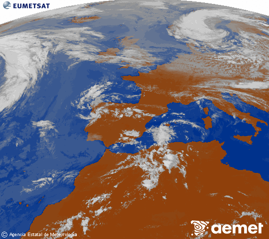 Imatge de la zona d'Europa i Nord d'�frica del canal infraroig del sat�l�lit Meteosat operacional en 0�N 0�W, processada per a donar-li color.&nbsp;diumenge, 14 de juny  2026 14:00