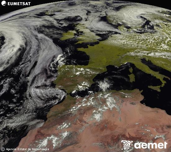 Esta imagen se genera utilizando informaci�n de los canales visibles del sat�lite METEOSAT perteneciente a la segunda generaci�n de sat�lites Meteosat (MSG). Por ese motivo, s�lo hay informaci�n en la zona iluminada por el sol. Adem�s, los canales han sido normalizados para que el brillo no dependa de la posici�n del sol.&nbsp;domingo, 14 junio 2026 a las 15:00