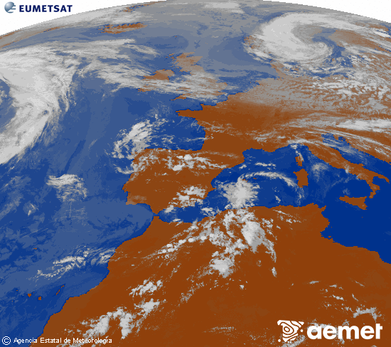 Imatge de la zona d'Europa i Nord d'�frica del canal infraroig del sat�l�lit Meteosat operacional en 0�N 0�W, processada per a donar-li color.&nbsp;diumenge, 14 de juny  2026 15:00