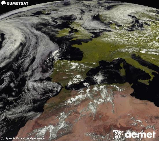Esta imagen se genera utilizando informaci�n de los canales visibles del sat�lite METEOSAT perteneciente a la segunda generaci�n de sat�lites Meteosat (MSG). Por ese motivo, s�lo hay informaci�n en la zona iluminada por el sol. Adem�s, los canales han sido normalizados para que el brillo no dependa de la posici�n del sol.&nbsp;domingo, 14 junio 2026 a las 16:00