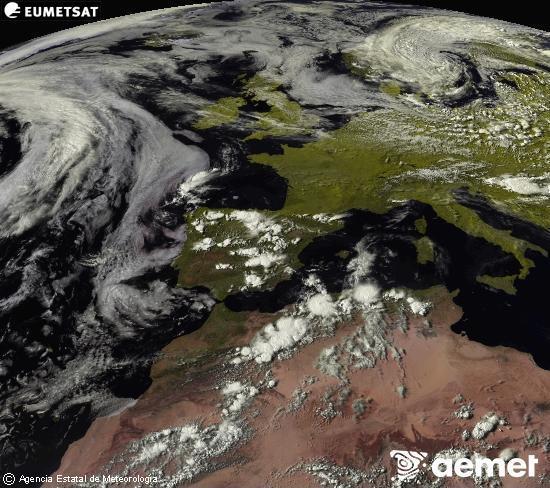 Esta imagen se genera utilizando informaci�n de los canales visibles del sat�lite METEOSAT perteneciente a la segunda generaci�n de sat�lites Meteosat (MSG). Por ese motivo, s�lo hay informaci�n en la zona iluminada por el sol. Adem�s, los canales han sido normalizados para que el brillo no dependa de la posici�n del sol.&nbsp;domingo, 14 junio 2026 a las 18:00