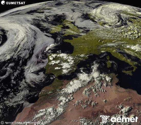 Esta imagen se genera utilizando informaci�n de los canales visibles del sat�lite METEOSAT perteneciente a la segunda generaci�n de sat�lites Meteosat (MSG). Por ese motivo, s�lo hay informaci�n en la zona iluminada por el sol. Adem�s, los canales han sido normalizados para que el brillo no dependa de la posici�n del sol.&nbsp;domingo, 14 junio 2026 a las 19:00