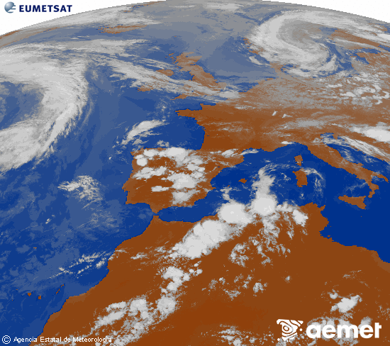 Imagen de la zona de Europa y Norte de �frica del canal infrarrojo del sat�lite Meteosat operacional en 0�N 0�W, procesada para darle color.&nbsp;Sunday, 14 June  2026 19:00